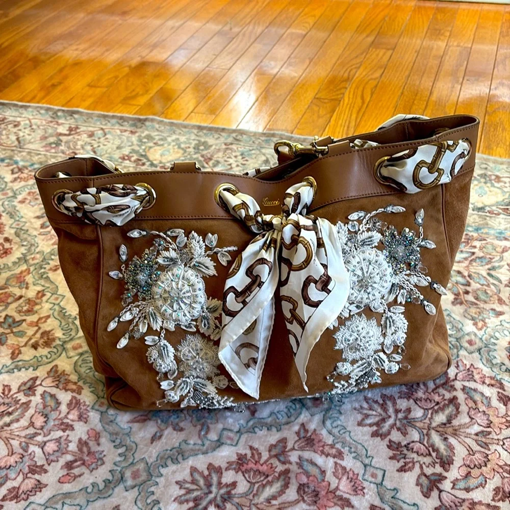 GUCCI POSITANO Leather Suede Tan Brown White Silver Gold Beaded Bag Rare Luxury - Picture 8 of 14